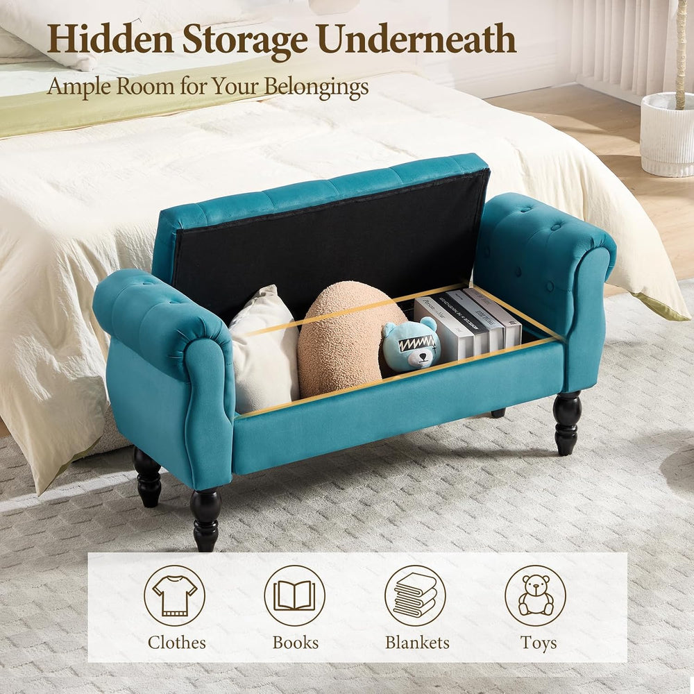 47″ Storage Bench with Arms End of Bed Bench,Velvet Entryway Bench with Stora...
