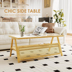 Bamworld Coffee Table with Storage Mid-Century Modern Coffee Table Boho | BambooTable with Glass Top for Living Room Office