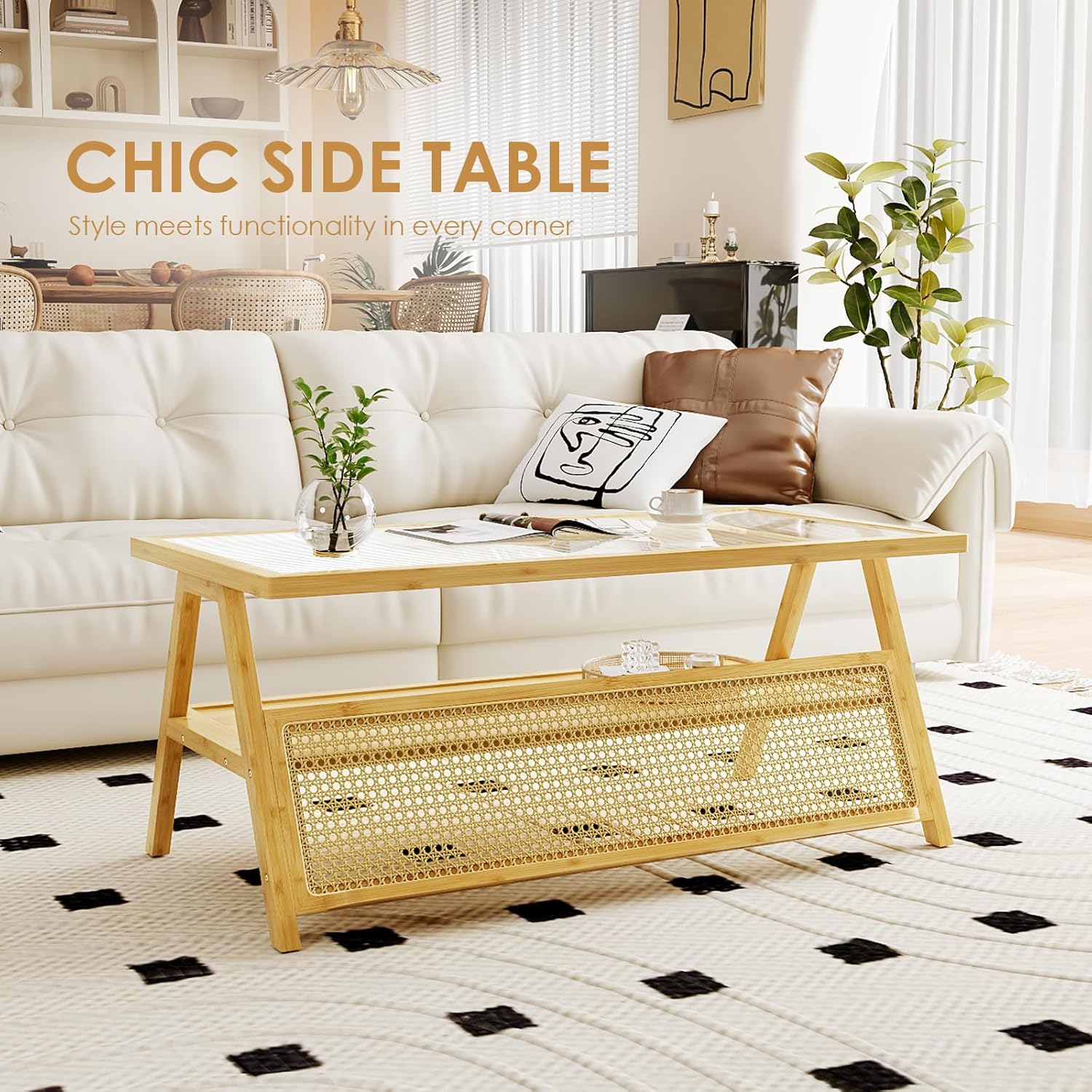 Bamworld Coffee Table with Storage Mid-Century Modern Coffee Table Boho | BambooTable with Glass Top for Living Room Office