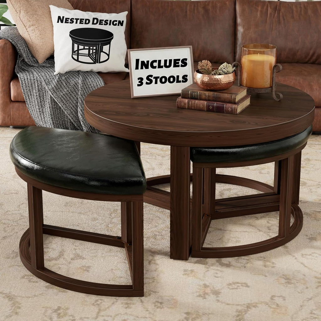 30 Inch Round Coffee Table with Stools - Small Modern Tables Set with 3 Chairs Ottomans Seating Seats Walnut Wood