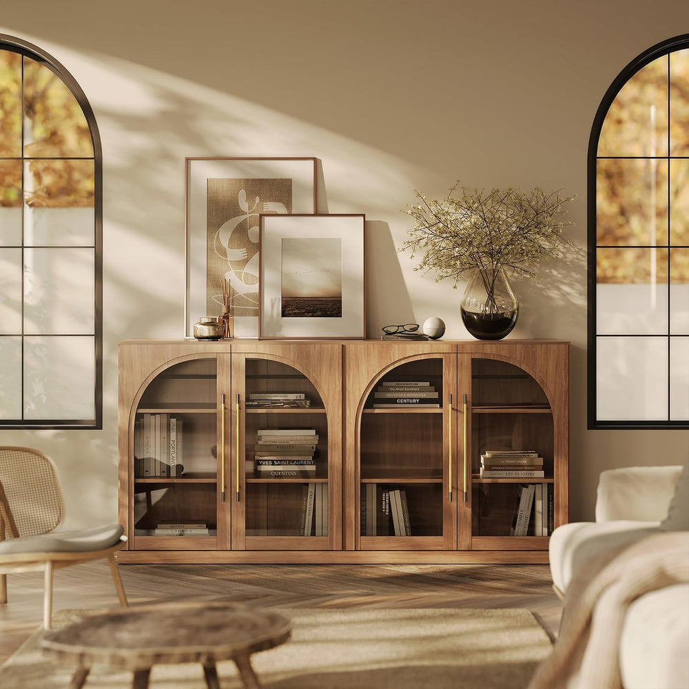 BELLEZE 65" Arched Sideboard with Glass Door, Accent Buffet Cabinet with...