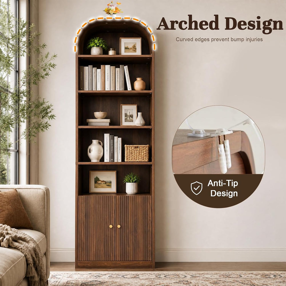 71" Tall Arched Bookshelf with Door, 7 Tiers Arched Bookcase with Storag...