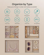 SONGMICS Jewelry Box Organizer with Glass Lid, 4-Layer Jewelry Storage, with 3 Drawers, Modern Style, Christmas Gift, 8 x 9.1 x 6.5 Inches, Dove Gray and Gold Color UJBC173G01