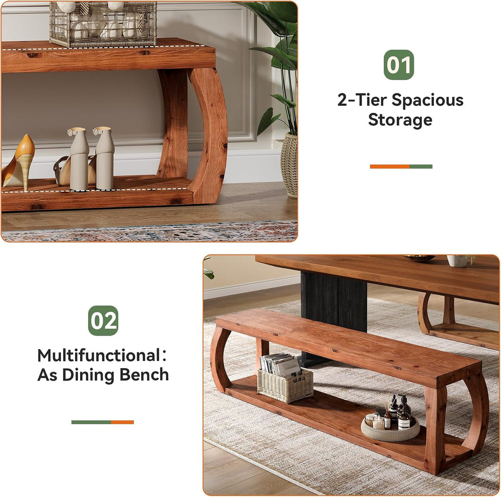 2-Tier Solid Wood Entryway Bench, 59" Long Farmhouse End of Bed Bench wi...