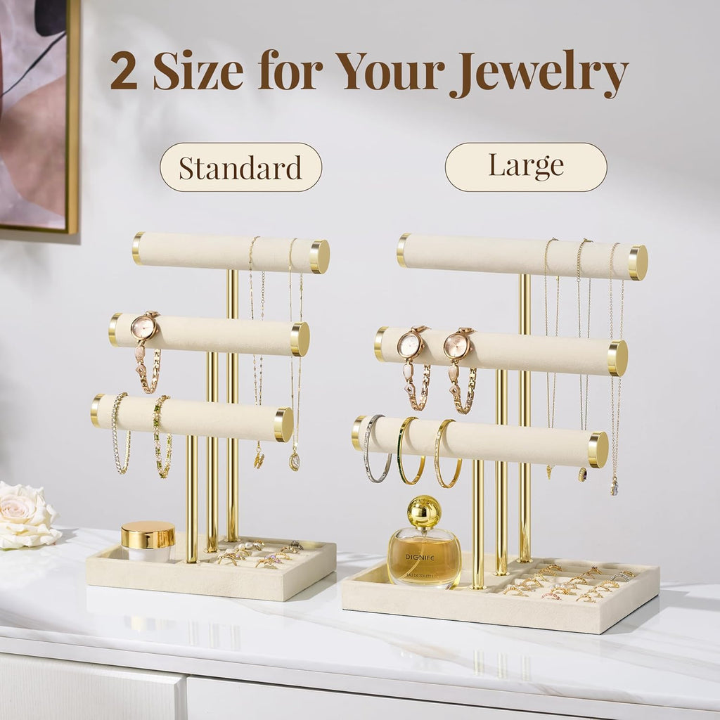 3 Tier Bracelet Holder Display - Detachable T Bar Beige Velvet Bracelet Holder, Jewelry Holder Organizer for Bracelet, Necklace, Earrings, Rings