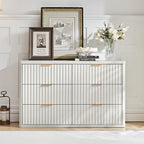LEYAOYAO Fluted 6 Drawers Dresser, 48" Wide Modern Chest of Drawers with Wood Grain Top, Curved Profile Design, Dresser TV Stand, Wood Drawer Organizer for Bedroom, Living Room, Antique White