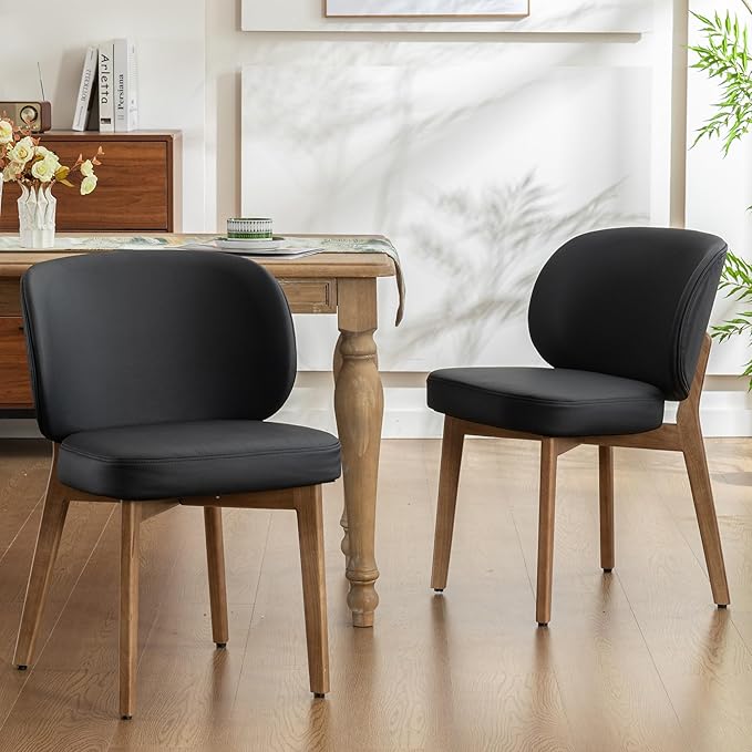 YOUNIKE Dining Chair with High Back Set of 2 Mid Century Modern Kitchen Chair Faux Leather Upholstered Armless Chair 20" Wide Padded Seat with Wooden Legs for Kitchen Dining Living Room Bedroom Black