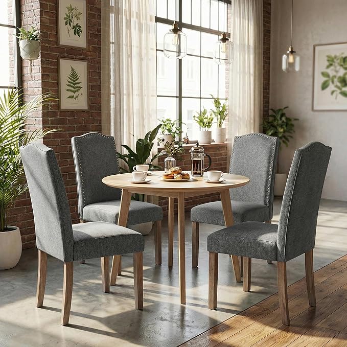 Upholstered Dining Chair Modern Stylish Parsons Kitchen Diner High Back with Silver Nailhead Trim & Wood Legs, Set of 6, Fabric Classic Grey