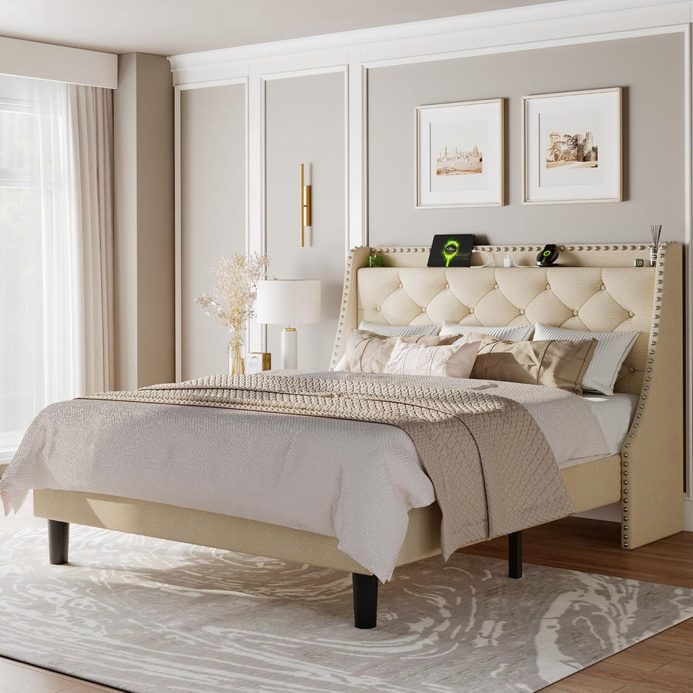 Feonase Queen Bed Frame with Luxury Wingback and Fast Charging Station,Queen ...