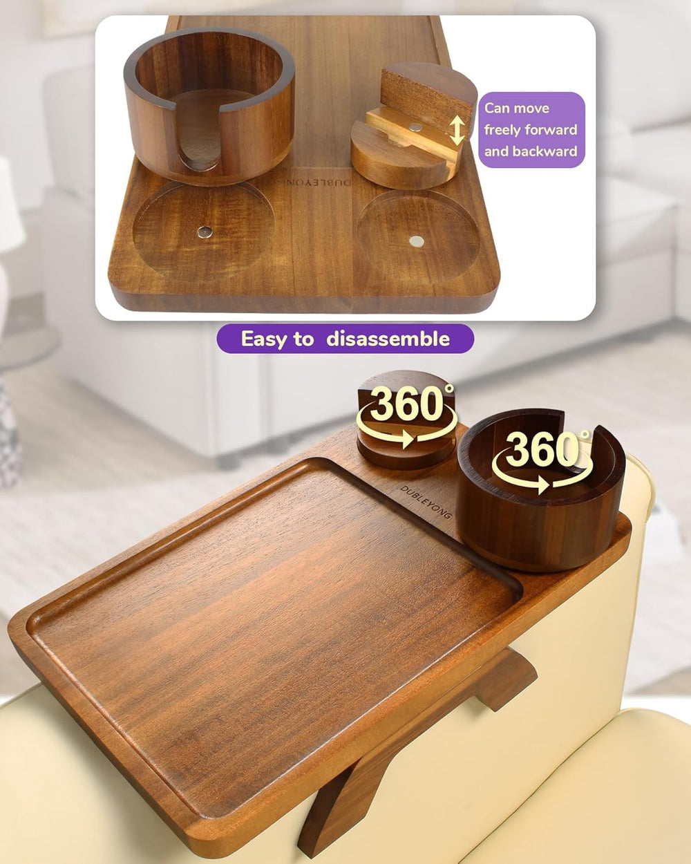Couch Arm Tray Table with Oversized Cup Holder & Adjustable Phone Stand –...