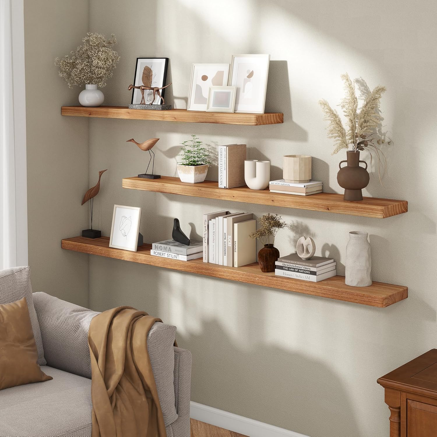 Fun Memories 48 Inch Floating Shelves for Wall, Solid Elm Wood Wall Shelf for Home Decor, Heavy-Duty Hardwood Floating Shelf for Bedroom, Bathroom, Living Room, Set of 1