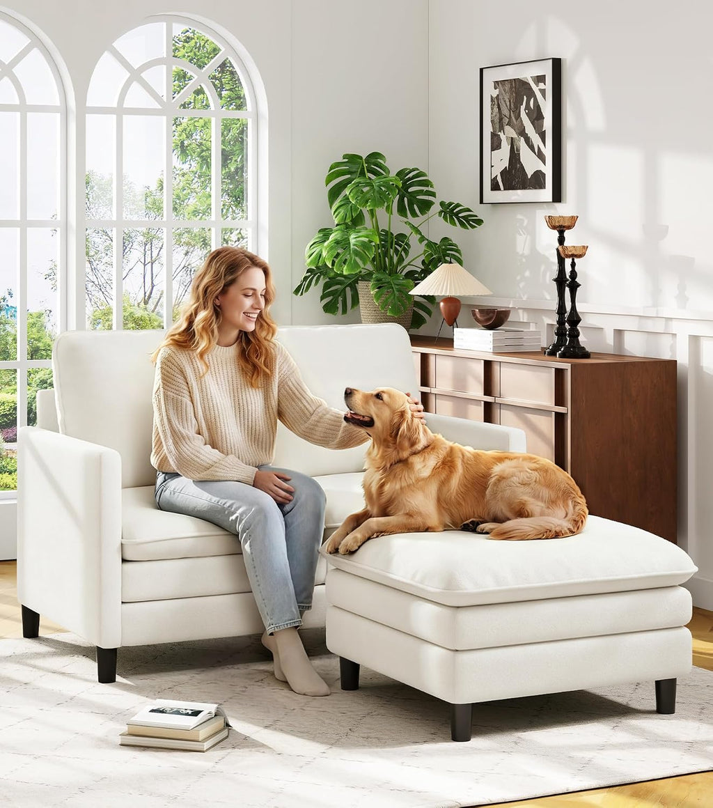 Welzona 3-Layers Cloud L Shaped Couch, 51" Teddy Sofa and Loveseat Set | Comfy Teddy Fabric, Washable Covers, Tool-Free Setup, All-wood Cloud Couches for Living Room, Bedroom, Small Spaces, Beige