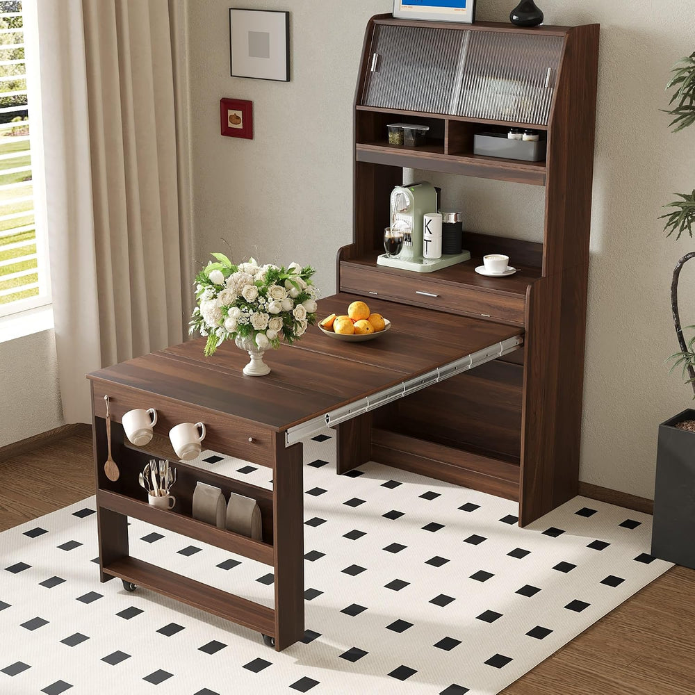 L-Shaped Kitchen Pantry with Hutch and Foldable Dining Table, Sideboard Buffe...