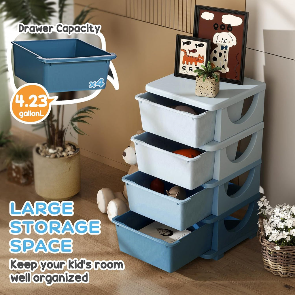 Qaba 4 Tier Kids Storage Unit, 4 Drawer Chest Toy Organizer Plastic Bins for Kids Bedroom Nursery Kindergarten Living Room for Boys Girls Toddlers, Blue