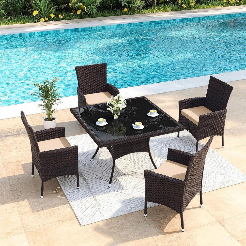 Gotland 5 Piece Outdoor Dining Set, All-Weather Rattan Patio Furniture Set wi...