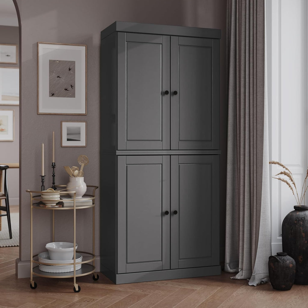 Palace Imports Solid Wood Kitchen Pantry - 71.5" H x 32" W Tall Storage Cabinet - with Adjustable Shelves & 2-Drawer Kit, Cupboard, Gray, 100% Renewable Eco-Friendly Wood, Made in Brazil