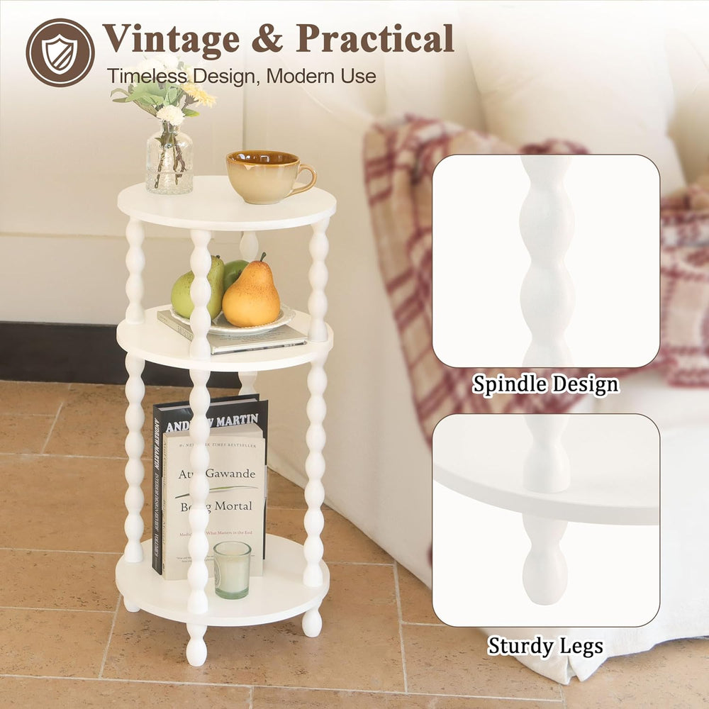 AWASEN Small Round Side Table, White End Table with 3-Tier Open Shelf for Sma...