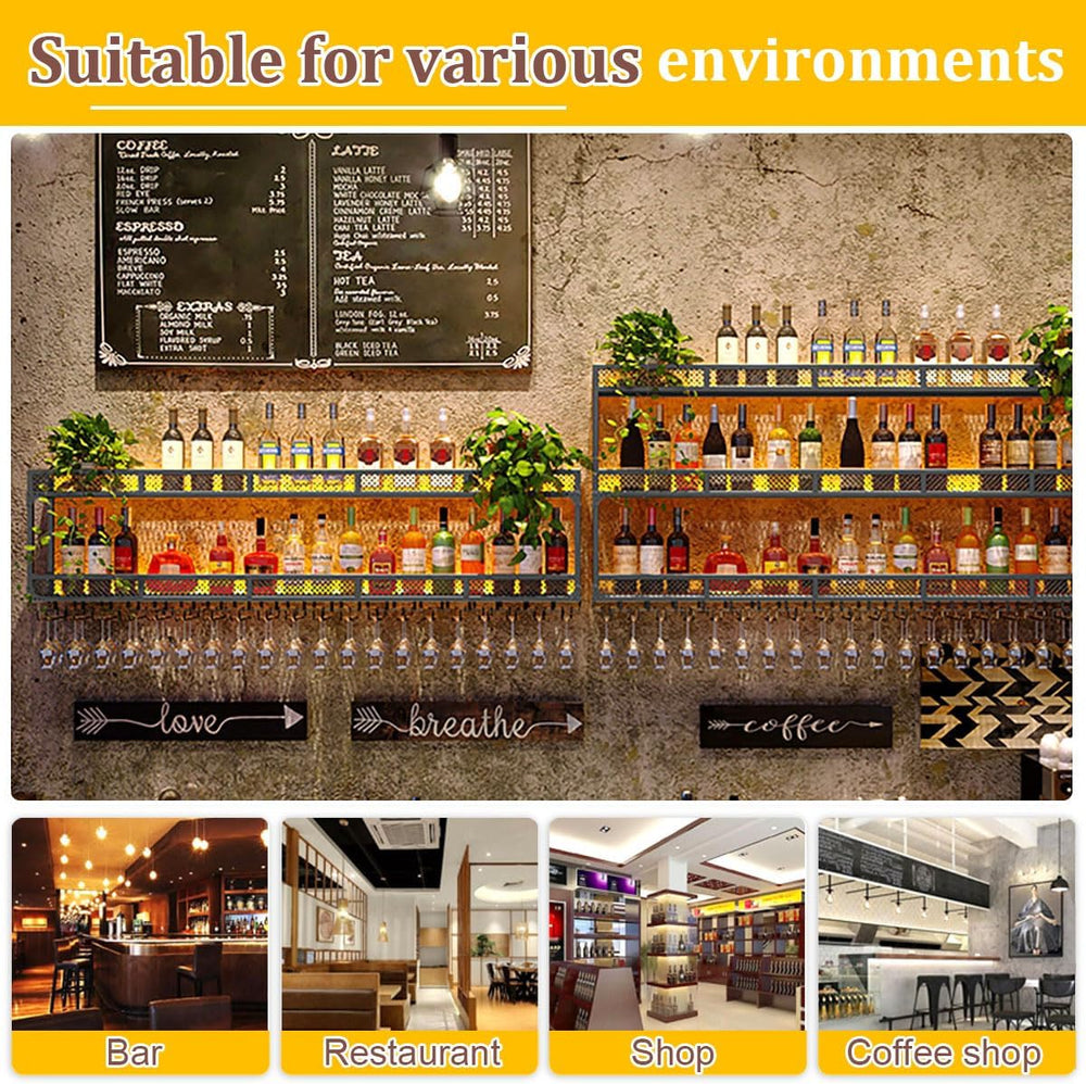 Wall Mounted Wine Bottle Rack with LED Light, Industrial Metal Liquor Shelf w...