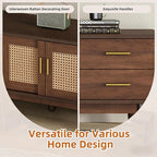 Ball & Cast Mid-Century Modern TV Stand for TVs up to 80", 70" Media Console with Rattan Sliding Doors & 2 Drawers,Solid Wood Legs,Entertainment Center w/Storage for Living Room,Bedroom,Dark Brown