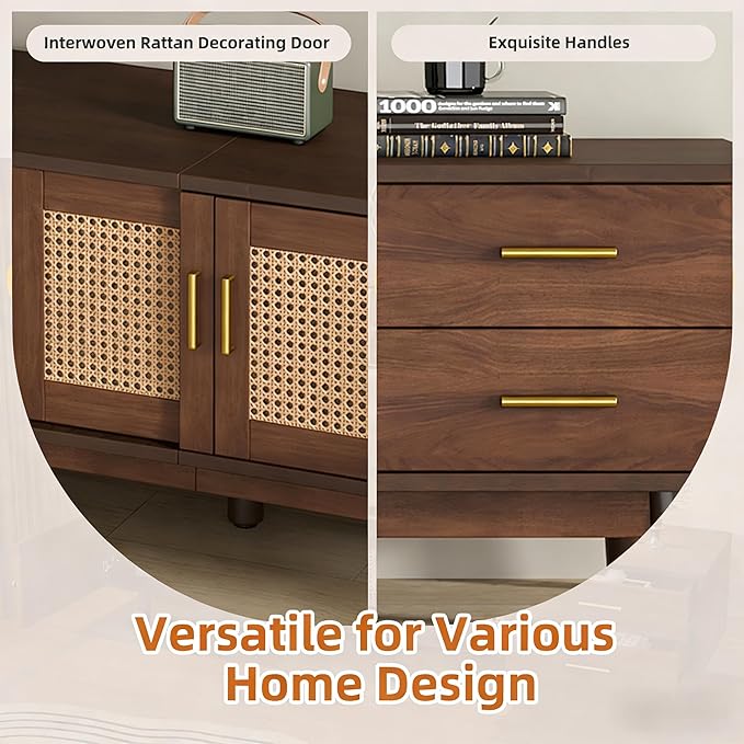 Ball & Cast Mid-Century Modern TV Stand for TVs up to 80", 70" Media Console with Rattan Sliding Doors & 2 Drawers,Solid Wood Legs,Entertainment Center w/Storage for Living Room,Bedroom,Dark Brown