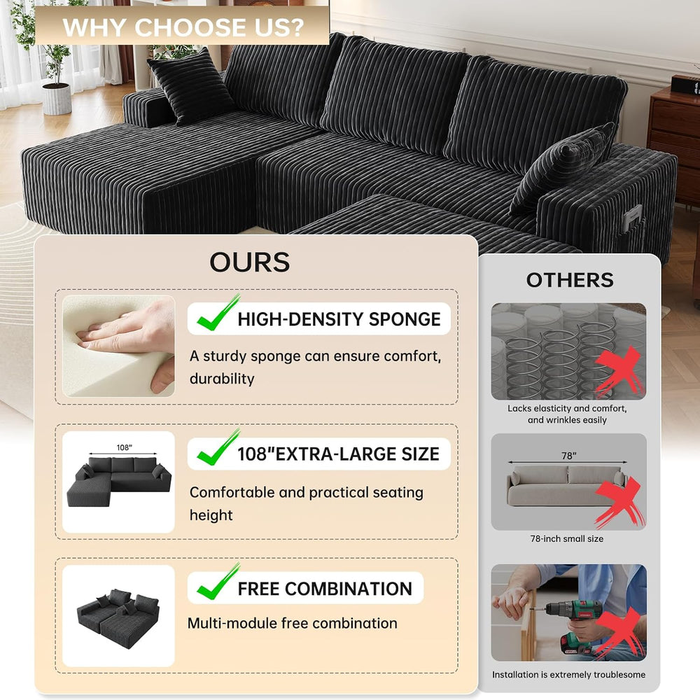 108" U-Shape Modular Sectional Cloud Couch with Ottoman, Deep Seat Couch...
