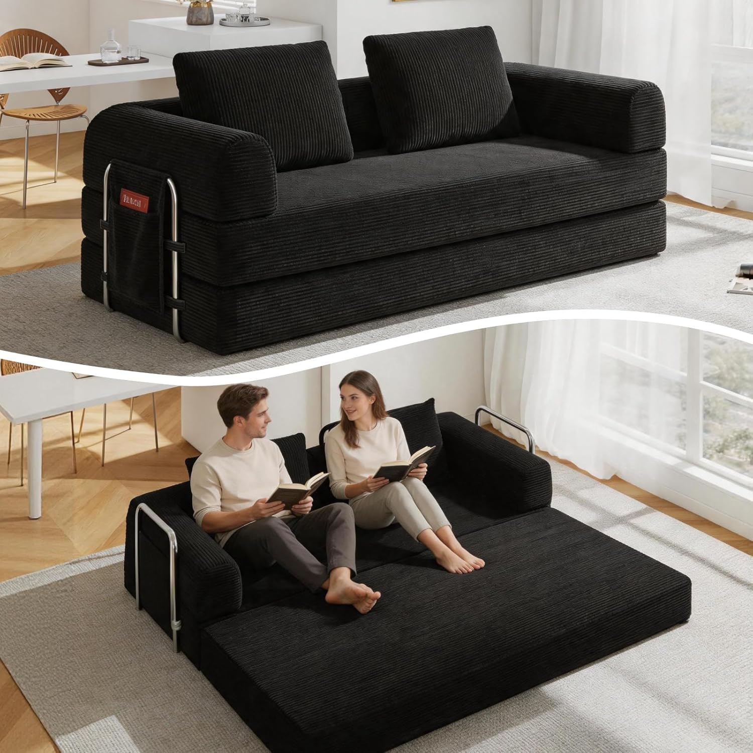 78" Convertible Sofa Bed, Corduroy Futon Couch with Storage Pocket, Boneless Pull Out Sleeper Sofa, Foldable Couch for Living Room Bedroom, No Assembly Space Saver, Black