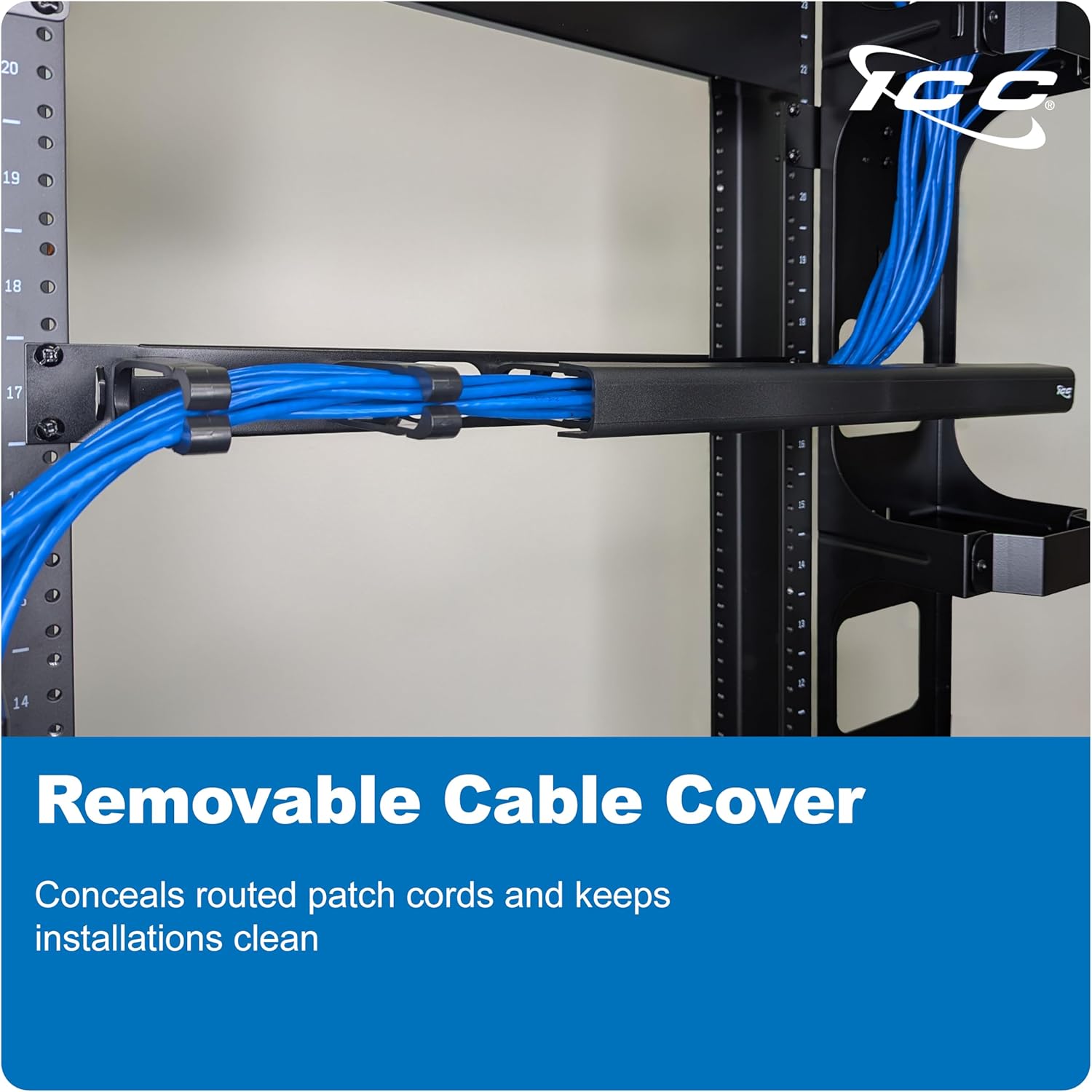 ICC 1U Ring Cable Manager Panel with Cover, Plastic with Metal Back Frame, 4" D-Rings, Horizontal Cable Management, Rackmount for 19” Network Racks, Black, Single Pack