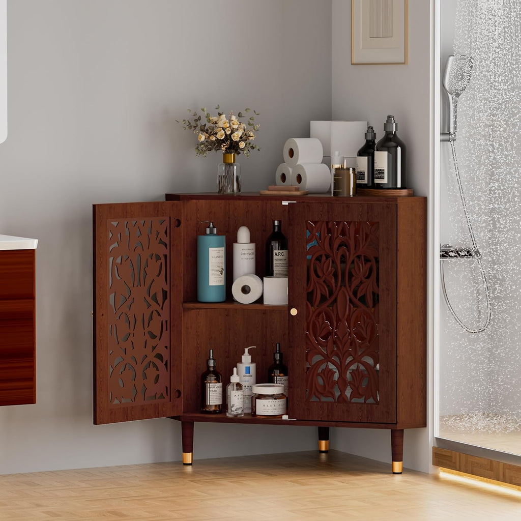 3More 2-Door Retro Accent Corner Cabinet, Hollow Carved Doors Storage Cabinet with Adjustable Shelf and Gold Aluminum Handles, Furniture for Living Room Dining Room Bathroom