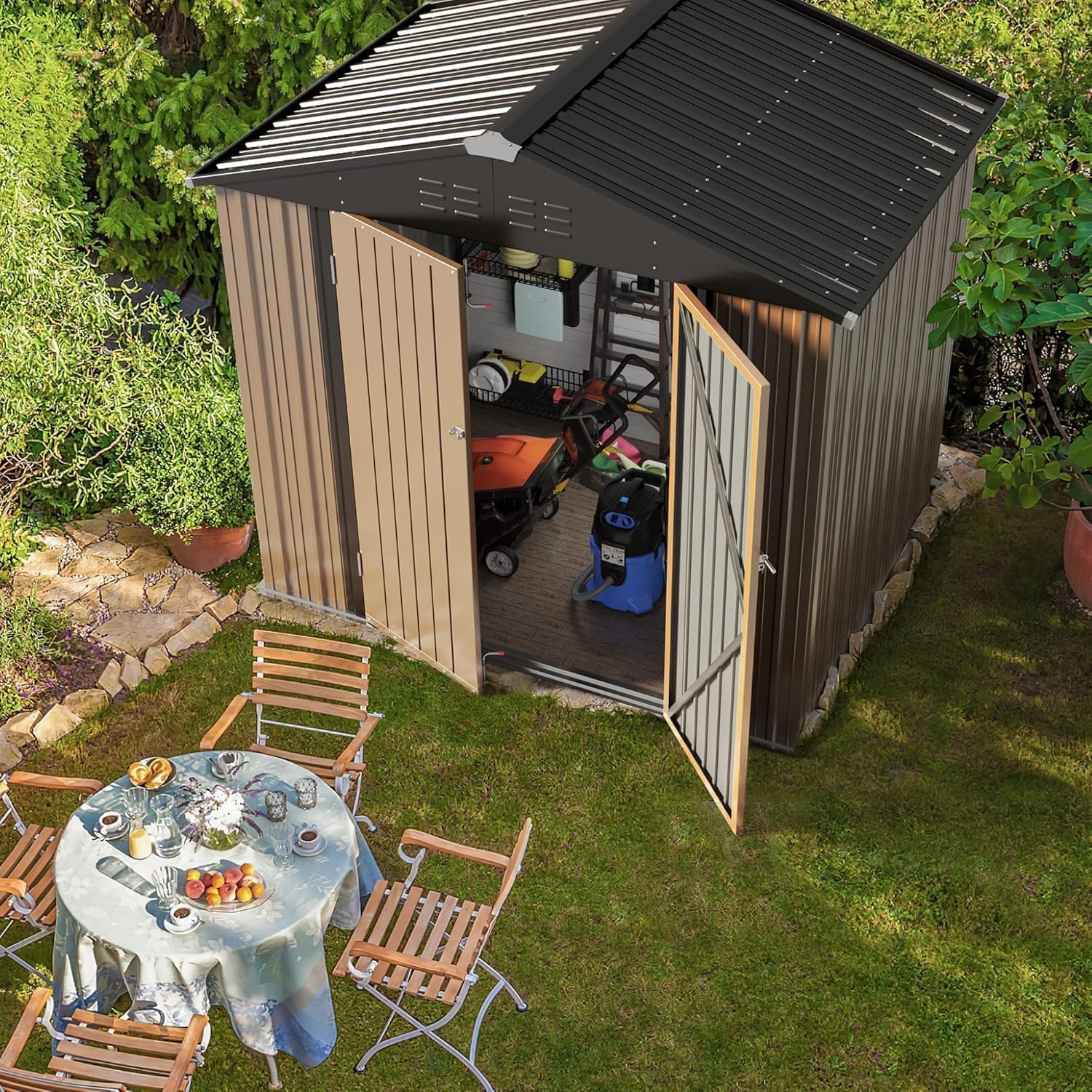 Furniwell 6x8 FT Outdoor Storage Shed, Metal Garden Sheds Outdoor Storage House with Single Lockable Door for Backyard Patio Lawn, Brown