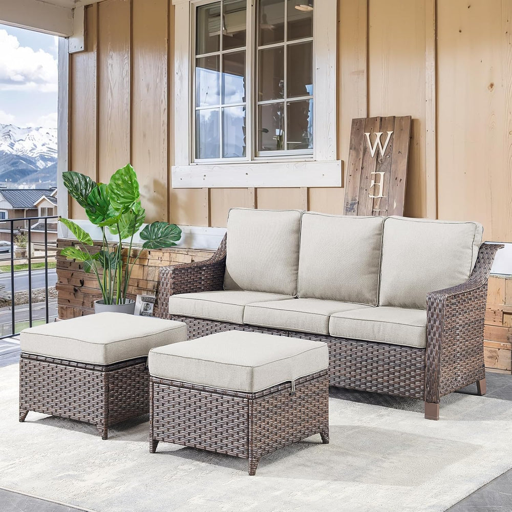 Outdoor Wicker Ottomans Rattan Footrests - Heavy Duty Outside Resin Rattan La...