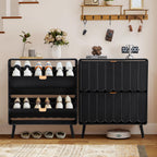 Shoe Storage Cabinet for Entryway with 2 Flip Drawers Set of 2, Freestanding Narrow Wood Shoe Cabinet with Wave Panel, Hidden Shoe Organizer for Foyer, Hallway (Black)