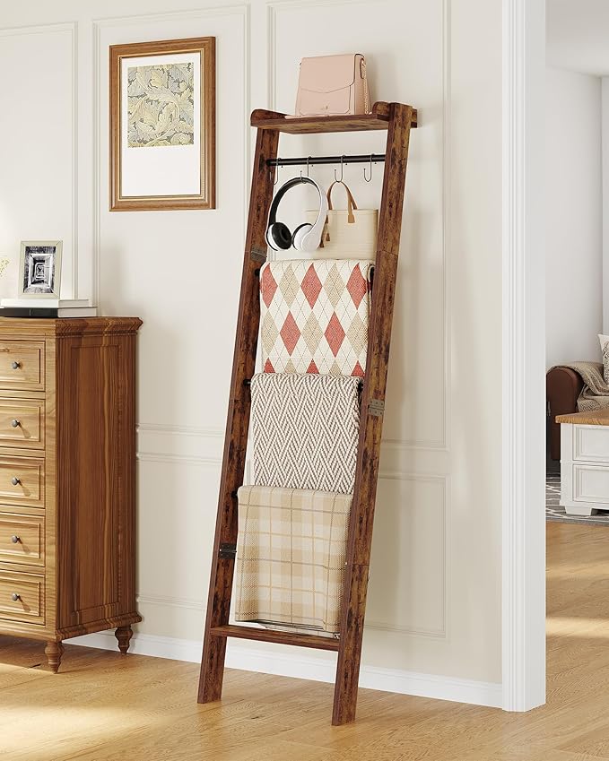 Blanket Ladder Shelf for Living Room, Decorative Quilt Rack with Storage Shelf, 6-Tier Farmhouse Ladder Holder Organizer with 4 Removable Hooks for Bedroom, Rustic Brown and Black BR35801B