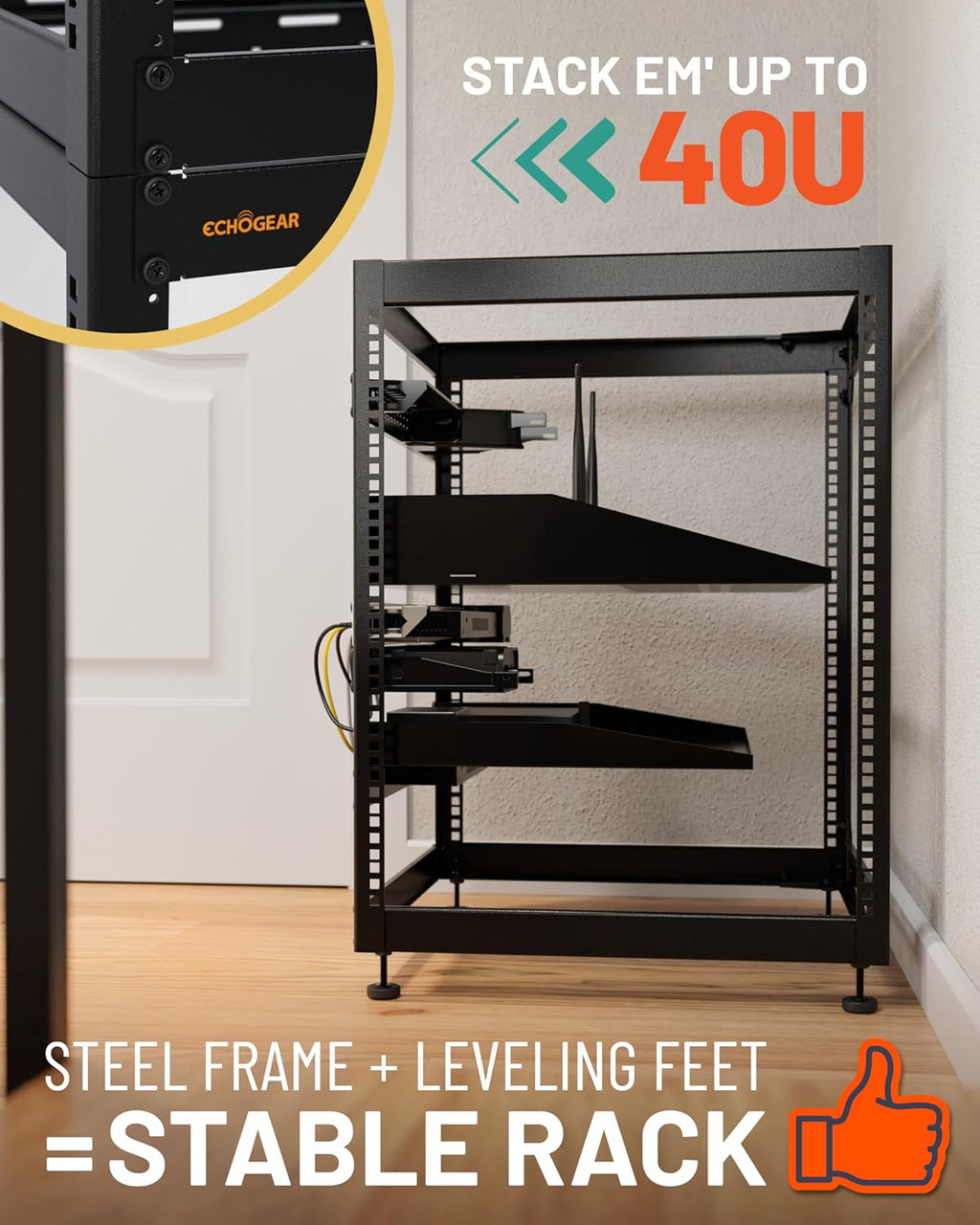 ECHOGEAR 15U Open Frame Rack for Servers & AV Gear - Wall Mountable Design Includes 2X Vented Shelves, 25x Rack Mounting Screws, 4X Leveling Feet, 4X Shelf Stops, & 2X Securement Straps