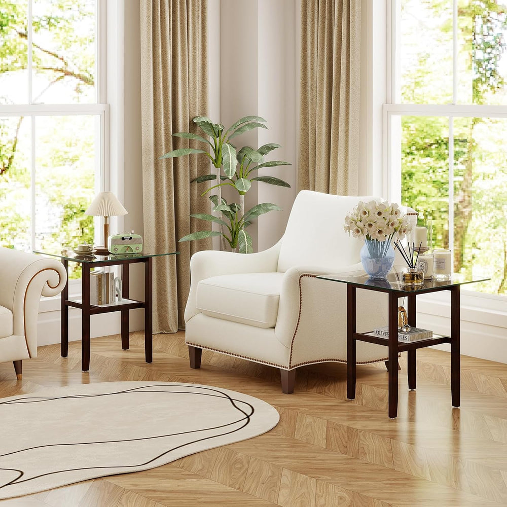 Giantex Glass End Table Set of 2, 24" Square Side Tables with Storage Sh...