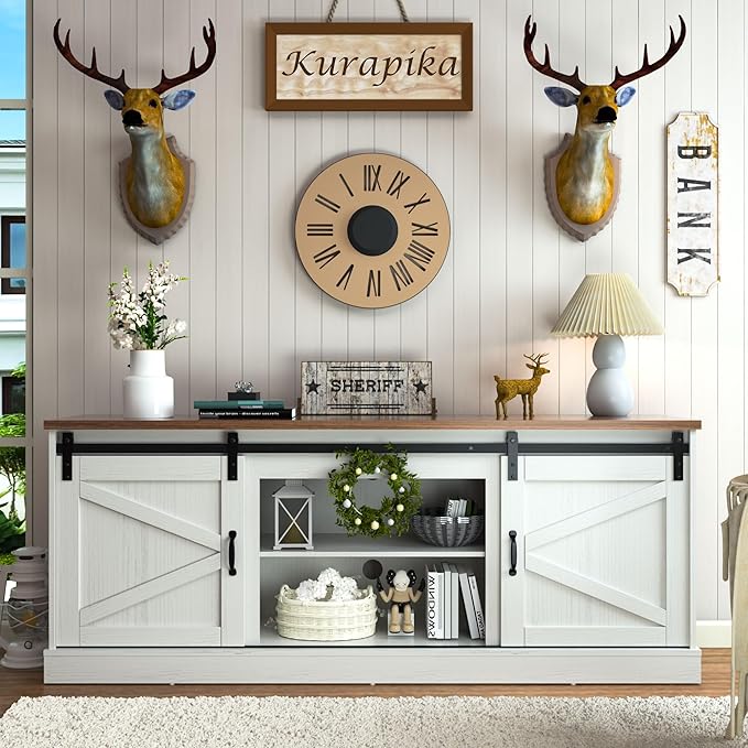 Kurapika Farmhouse TV Stand and Entertainment Center for TV Up to 75 Inch, with Sliding Barn Doors and Adjustable Shelf, Console Table and Media Furniture with Storage Cabinet, 67 Inch, White