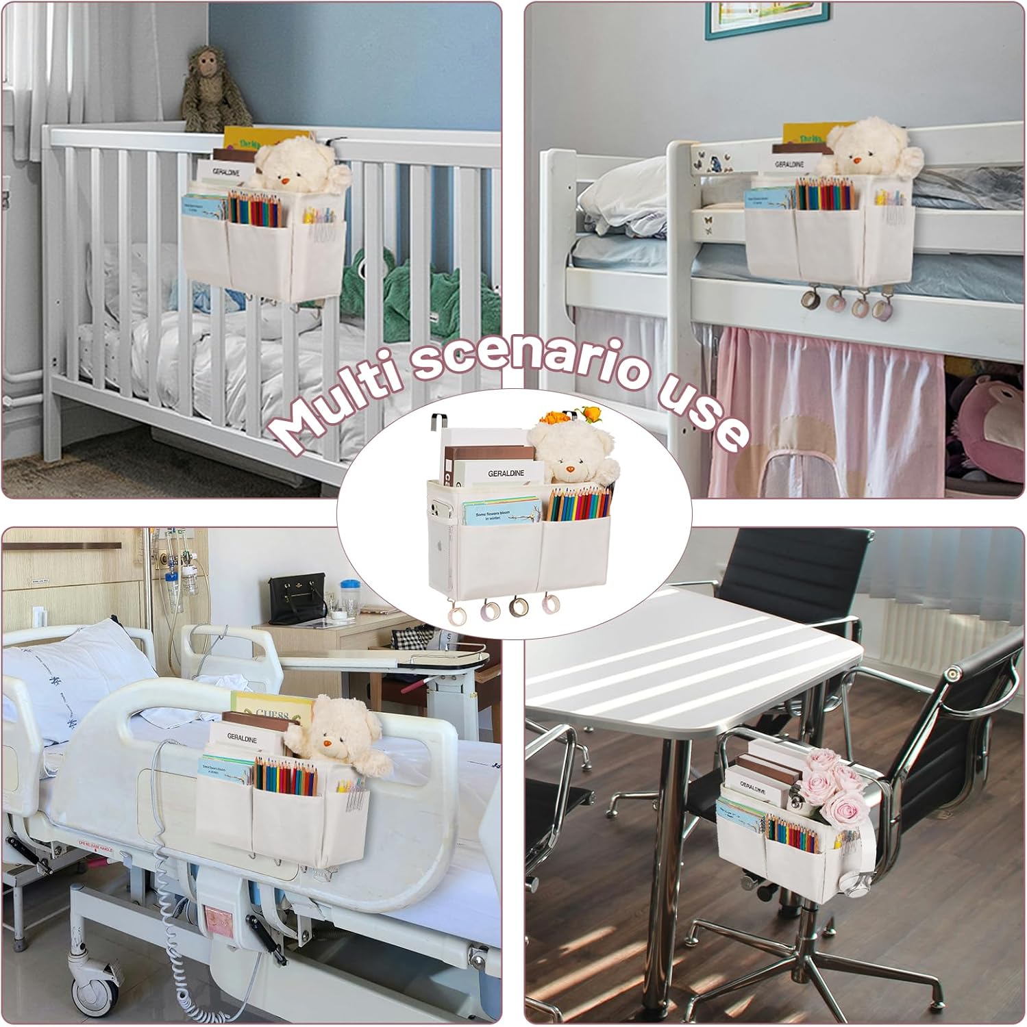 Bedside Storage Organizer 5 Pockets with 4 Hooks Hanging Storage Bag for Headboards/Bunk Bed (White)
