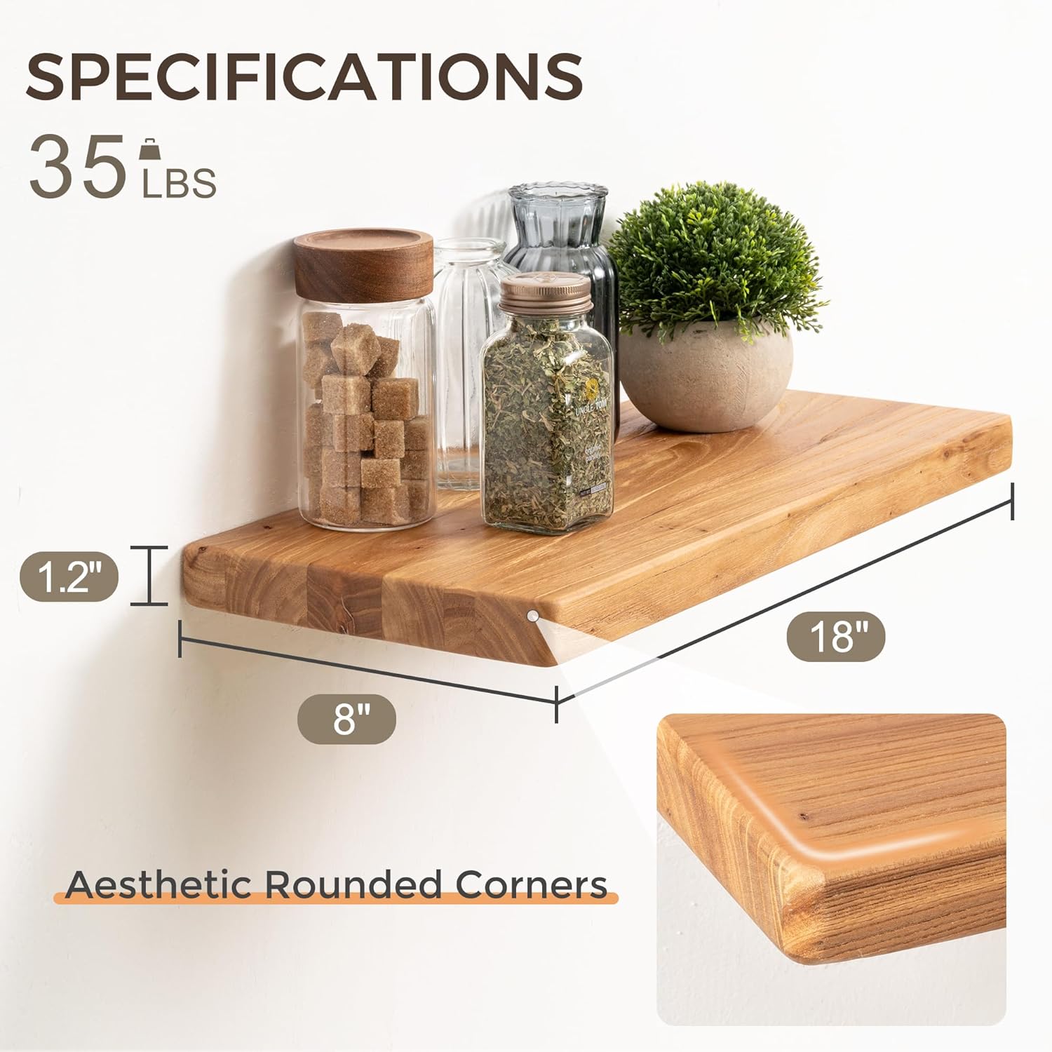 Fun Memories Rustic Solid Elm Wood Floating Shelves, 18" W x 8" D Floating Shelf Wall Mounted, 8 Inch Deep Wall Shelves, Wooden Bathroom Shelf for Home, Deep Bookshelf for Living Room, Set of 2