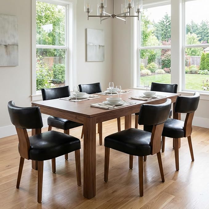 Mid Century Modern Dining Chairs Set of 6 PU Leather Upholstered Side Chairs, Modern Kitchen Armless Parson Chairs Solid Wood Dining Chairs, Black