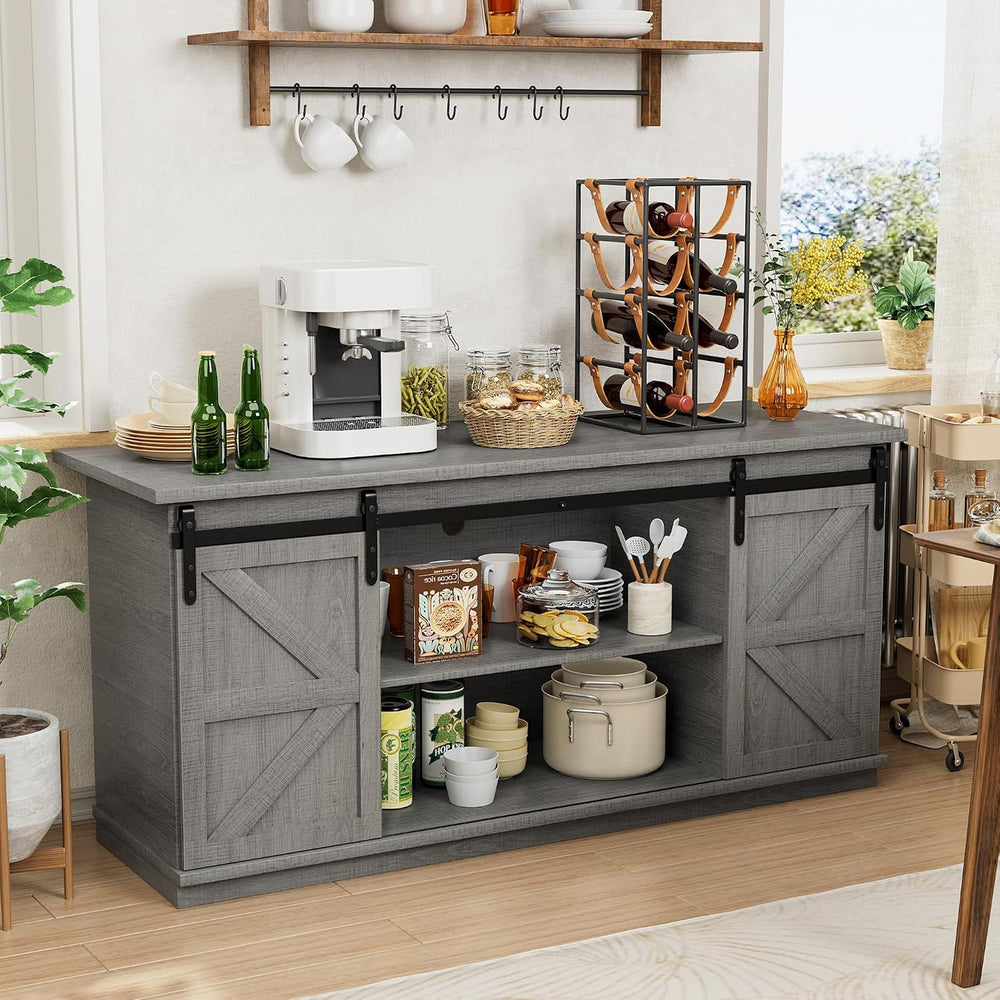 Shahoo Farmhouse Sideboard Buffet Cabinet, Coffee Bar Storage with Sliding Ba...