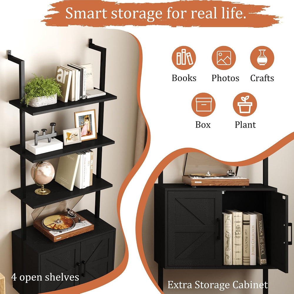 Yusong 73" Tall Bookshelf with Cabinet, Industrial Ladder Wall Mount She...