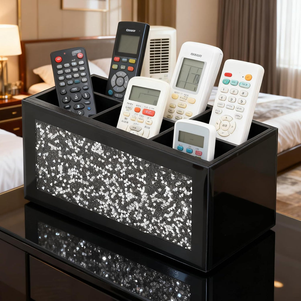 SHYFOY Remote Control Holder with 6 Compartments, Black Glass Desktop Organizer, Crystal Detail Design, 4.3x8.3x4 Inches, Multi-Purpose Storage Caddy for TV Remotes and Office Supplies