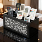 SHYFOY Remote Control Holder with 6 Compartments, Black Glass Desktop Organizer, Crystal Detail Design, 4.3x8.3x4 Inches, Multi-Purpose Storage Caddy for TV Remotes and Office Supplies