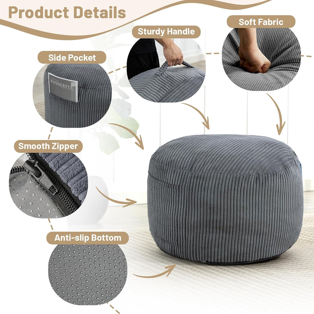 Round Stuffed Pouf Ottoman (Gray, 26" D x 26" W x 18" H) | Cor...