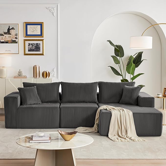 108” Modular Sectional Sofa, Cloud Sectional Couch with Deep Seat, Modern Modular L-Shape Sofa with Chaise,Upholstered Boneless Couches for Living Room Bedroom (Corduroy, Darkgrey)