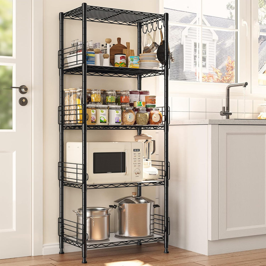 5 Tier Metal Shelving Unit Pantry Storage Shelves with Side Blockers Adjustable Metal Wire Shelf with Hooks & Shelf Linker Standing Storage Rack for Kitchen Pantry Bathroom Closet,13.8"Dx21.7"Wx59.1"H