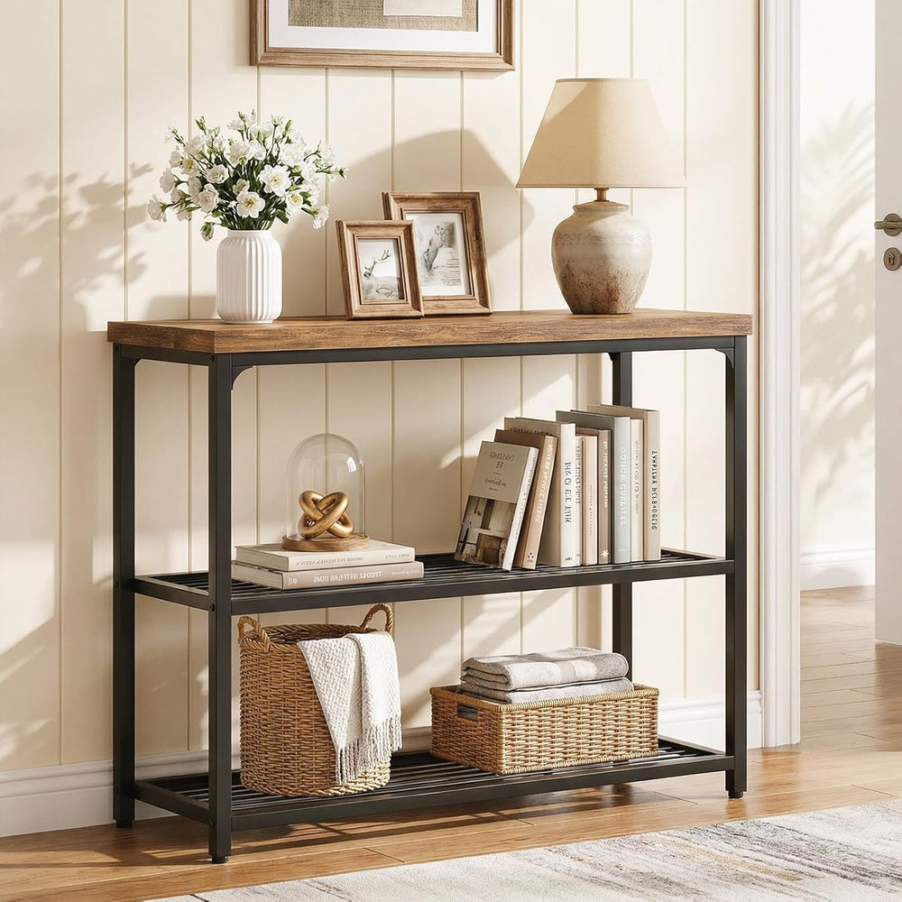 Besiost 32" Industrial Console Table with 3-Tier Storage, Oak Grey | Sma...