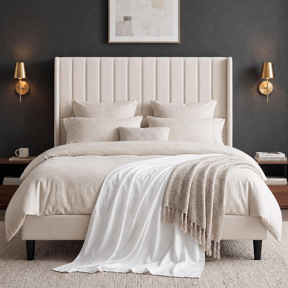 GarveeHome Queen Size Bed Frame with 52'' Tall Wingback Headboard