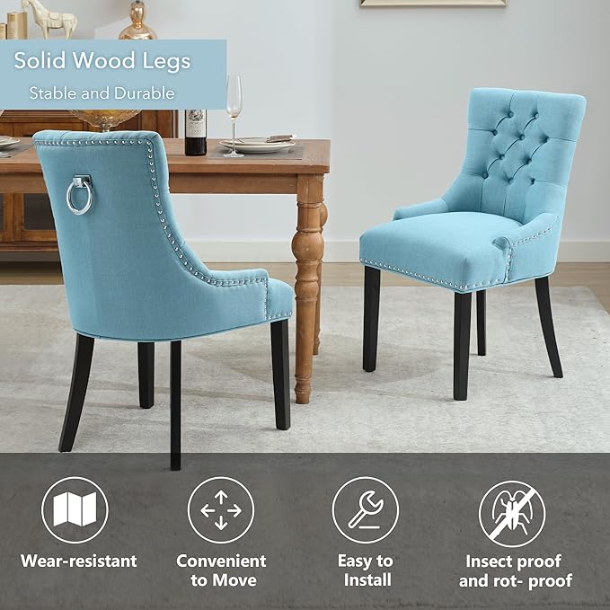 Modern Leisure Linen Dining Chairs Set of 2, Upholstered Dining Chair with Solid Wood Legs, Mid-Century Dining Room Chairs with Pull Ring and Tufted Backrest, Light Blue