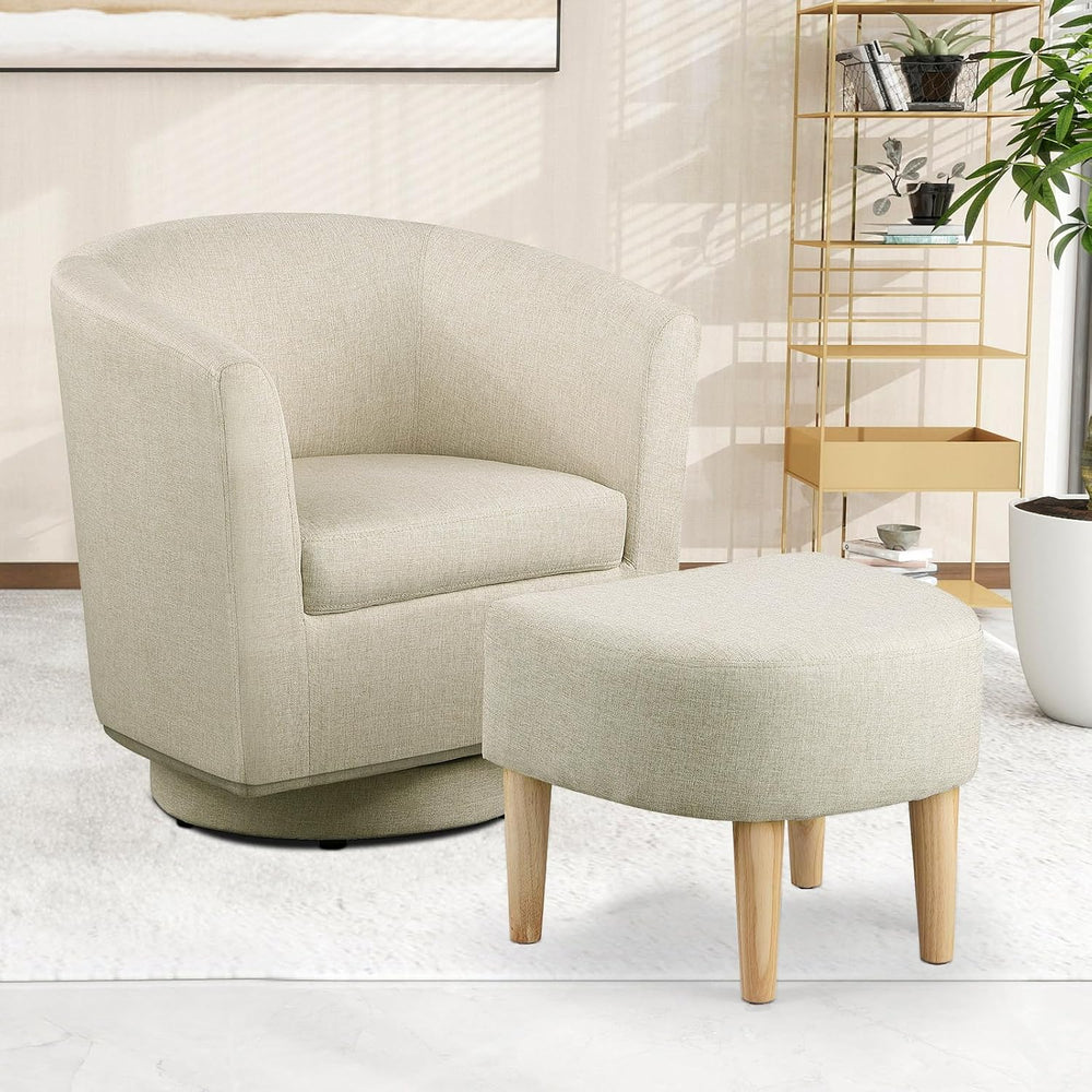 DAZONE Beige Swivel Accent Chair with Ottoman, Comfy Barrel Armchair for Smal...
