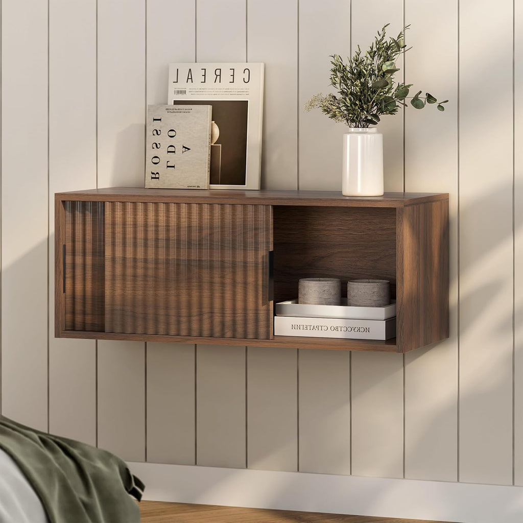 Fluted Floating TV Stand, 30" Multi-Purpose TV Display Shelf Modern Console Entertainment Center Cabinet with Sliding Doors for Bedroom Living Room Entryway, Brown